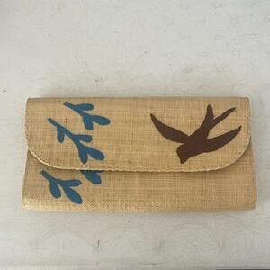 Mad Imports Clutch Handmade Madagascar Woven Straw Tan Embroidered Bird Leaf